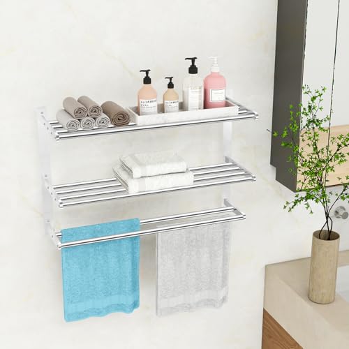 Bathroom Towel Rack 24", 3 Tier Towel Racks for Bathroom Wall Mounted, Bathroom Shelf with Double Towel Bar, Stainless Steel Towel Storage for Bathroom Lavatory Towel Holder Hanger, Brushed Nickel - color: Brushed Nickel, size: 3-Tier