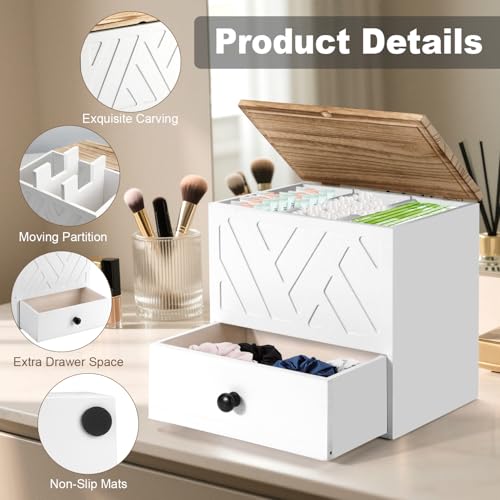 Tampon Holder for Bathroom, Feminine Product Organizer with Lid and Drawer, Shark Week Pad Storage, Wooden Tampon Organizer for Toilet Countertop Decor, Girl Stuff Box Toilet Bathroom Accessories