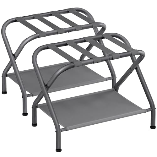 SONGMICS Luggage Racks, Set of 2, Suitcase Stand with Fabric Storage Shelf, for Guest Room, Bedroom, Hotel, Foldable, Holds up to 110 lb, 27.2 x 15 x 20.5 Inches, Slate Gray URLR002G02 - color: Slate Gray, style: with Shelf