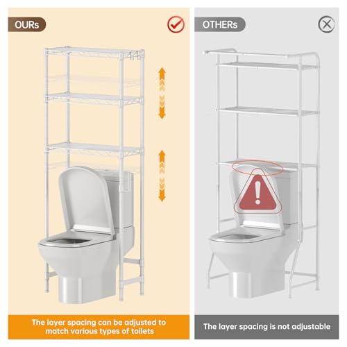 Golpart Over The Toilet Shelf,3-Tier Adjustable Freestanding Metal Bathroom Organizer Shelves with Toilet Paper Holder & Hooks,Space-Saving for Narrow Small Bathroom,10”D x 24”W x 66”H,White - size: White-3-Tier-10"D x 24"W x 66"H