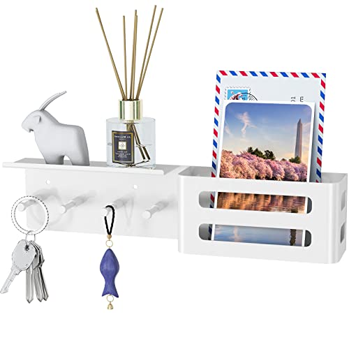 MKO Key Holder for Wall, 12.2In Mail Organizer Holder with Shelf, Metal Key Rack Adhesive Wall Mount, White - color: White with Shelf