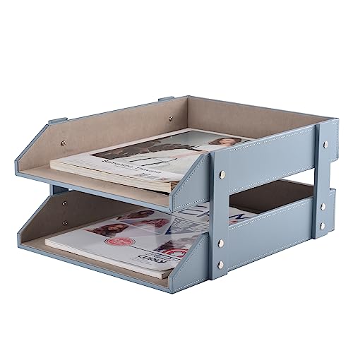 Leather Desk Letter Tray,Office Supplies Paper Organizer for Mail Paper Files Magazines Jewelry Cosmetics,Fashion Letter Holder& 2-Tier Multipurpos Stackable Office Desktop Storage Box,Grey - color: Gray