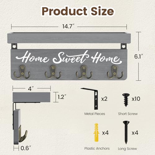 buways Key Holder Wall Mount with 4 Double Hooks-Solid Wood Wall-Mounted Organizer for Keys&Mail Rustic Key Rack Hanger Holder Home Decor for Entryway Living Room (Gray) - color: Gray