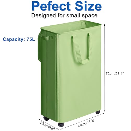 Vincona Slim Laundry Hamper with Lid and Wheels, Small Rolling Laundry Basket with Handle for Small Spaces, Tall Dirty Clothes Hampers for Dorm, Bathroom and Bedroom, 75L Sage Green - color: Sage Green, size: 75L