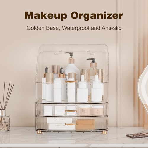 Makeup Organizer Countertop Vanity with Transparent Lid Drawers Waterproof Dustproof Cosmetic Skincare Bathroom Storage Gift for Women Teens Girls (Clear Whtie) - color: Clear Whtie