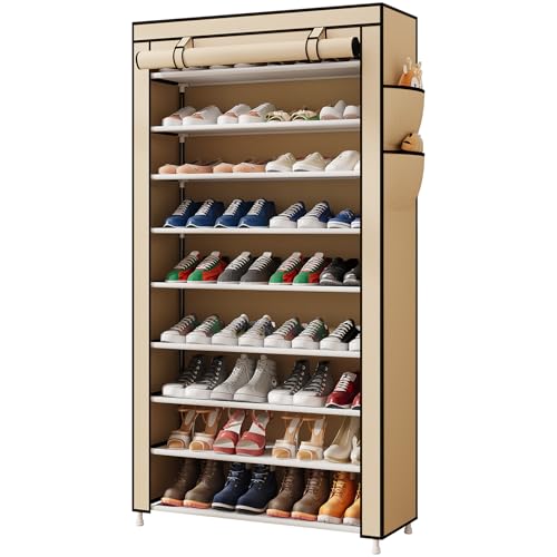 Laiensia 9-Tier Shoe Rack ，Space Saving Shoe Storage Organizer Non-Woven Cover Shoe Shelf Holds 36-45 Pairs for Bedroom, Hallway, Entryway, Beige - color: Beige, size: 9-tier