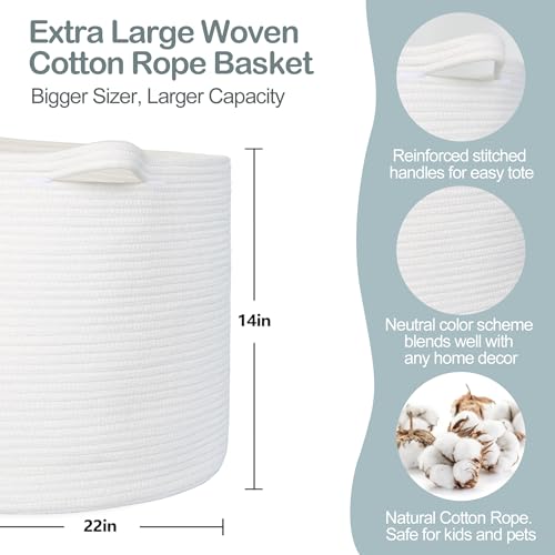 MEGASKET White Cotton Rope Storage Basket, 22" X 22" X 14" Extra Large Blanket Storage Living Room, XL Soft Toy Bin for Organizing, Woven Baby Laundry Basket with Handle, White Wicker Hamper Nursery - color: White, size: 22"x22"x14"