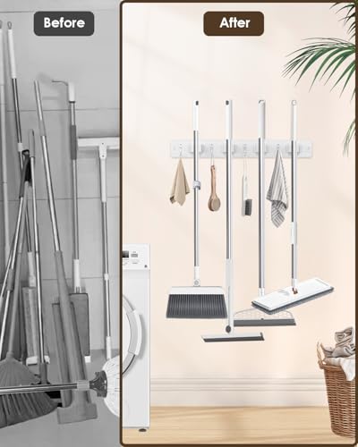 AceMining Broom Holder Wall Mounted, White 4 Holders and 4 Hooks Mop Holder, Wooden Mop and Broom Holder with Anti slip rubber, Natural pine wood Brush Holder, Mop Wall Holde with Nail installation - color: White, size: 1 Pack