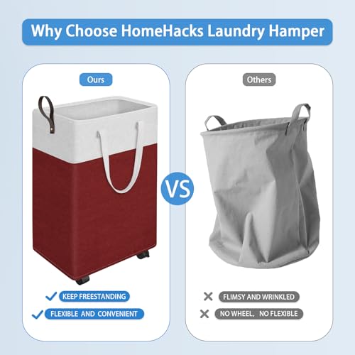 HomeHacks 90L Large - Capacity Rolling Laundry Basket, Laundry Hamper with 4 Smooth Wheels, Collapsible Waterproof Clothes Basket, Freestanding Hamper with Handles for Bedroom/Dorm/Laundry Room (Red) - color: Red, size: 90L