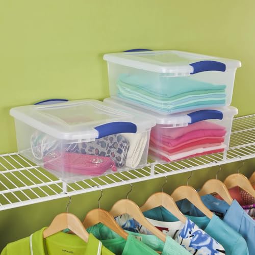 15 Quart Clear Plastic Storage Bins with Lids, Small Latching Storage Container for Closet Organization, Toy Storage and Pantry, Stackable Organizer Box with Blue Latches (1)