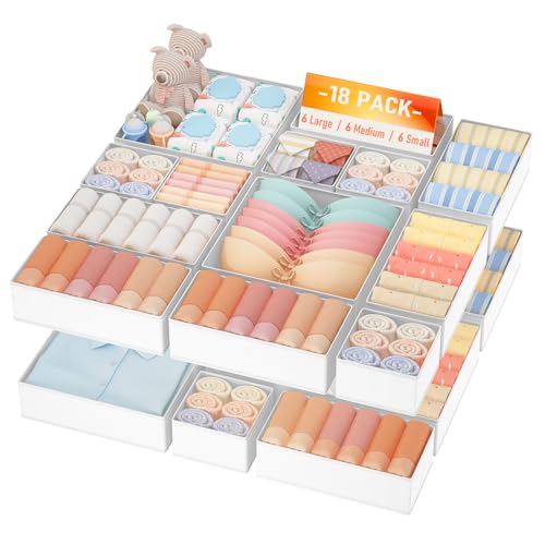DIMJ Drawer Organizer Clothes Storage- 18 Pack Baby Dresser Organizer for Nursery, Foldable Closet Drawer Organizer Bins for Bedroom Organization, Fabric Storage Dividers for Socks, Underwears, Bras - color: White, size: 18 Pack