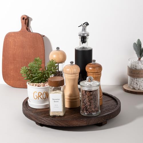 Round Decorative Tray Wood Bathroom Counter Organizer Farmhouse Kitchen Decor Wooden Riser for Soap Dish, Perfume, Candle, Sponge, 12" - Bark Brown - color: Dark Brown, size: 12"