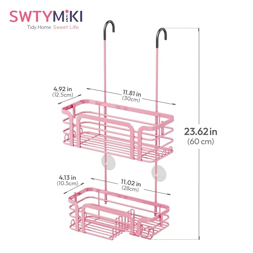 SWTYMIKI Shower Caddy Hanging Organizer - Over the Door Shower Caddy with Soap Holder, 11 Hooks, 2 Installation Ways, Stainless Steel Rustproof Bathroom Organizer, Pink - color: Pink