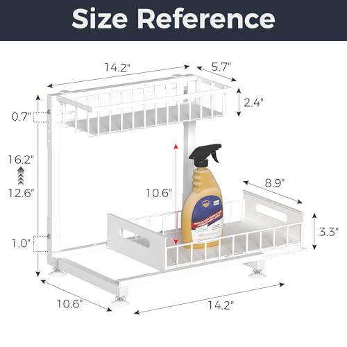 L-Shaped Under Sink Organizer, 2 Pack 2-Tier Pull Out Metal Kitchen Cabinet Organizer with Sliding Storage Drawer, Height Adjustable Heavy Duty Under Bathroom Sink Storage for Cleaning Supplies - color: White V2.0, size: 2 Pack