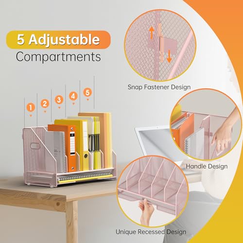 Docnest Desk File Holder Sorter, 5 Vertical Compartments Rack with Letter Tray, Mesh Magazine File Holder with Handle,Workspace Organizers,Desk Organizers for Paper, Mail, Documents-Pink - color: Pink-5 Compartments