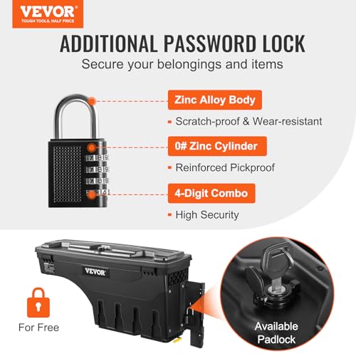 VEVOR Truck Bed Storage Box, Lockable Lid, Waterproof ABS Wheel Well Tool Box 6.6 Gal/20 L with Password Padlock, Compatible with Dodge Ram 1500 2019-2021, Passenger Side, Black - size: Passenger Side, style: Dodge Ram