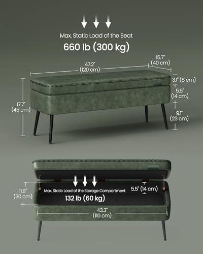 VASAGLE EKHO Collection - Storage Ottoman Bench, Entryway Bedroom Bench, 15 Gallons, Synthetic Leather with Stitching, Mid-Century Modern, Safety Hinges, Loads 660 lb, Forest Green ULOM074C01 - color: Forest Green, style: 15-Gallon Storage Bench
