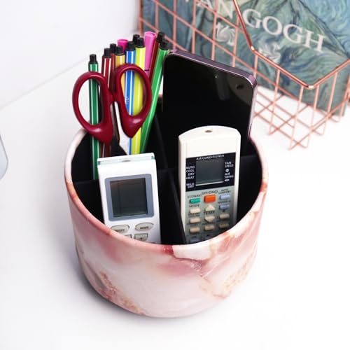 Round Leather Art Supply Organizer,Remote Control Holder,360-degree Rotating Pen Organizer with 4 Compartments(1-Marble Pink) - color: 1-Marble Pink
