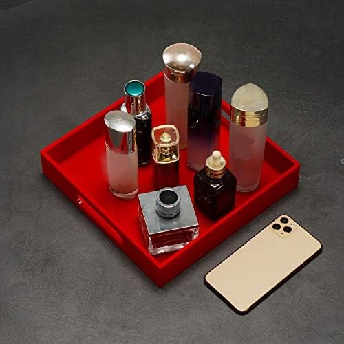 Sturdy Red Acrylic Serving Tray with Handles - 10x10Inch, Coffee/Appetizer/Butler Tray - Kitchen Countertop & Vanity Table Organizer - color: Glossy Red, size: 10" x 10" x 2"