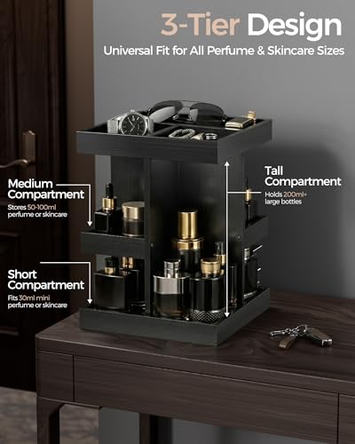ProCase 3-Tier 360° Rotating Cologne Organizer for men, Large Capacity Wooden Countertop Display Rack for Bathroom & Dresser, Space-Saving Vanity Tray for Perfume & Skincare, Gifts for Him (Black) - color: Black
