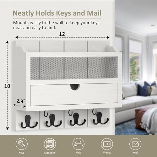 Nekon Mail Organizer with Drawer for Wall, 12"W x 10"H x 3.1"D Mail Sorter Wall Mounted, Wooden Key Holder Wall File Organizer Letter Sorter for Letter Magazines (White) - color: White