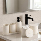 Bathroom Accessories Set, Travertine Stone-Look, 6 PCS Bathroom Accessory Set with Soap Dispenser, Toothbrush Holder, Tumbler, Vanity Tray, Cotton Swab Jars for Countertop (Off White 6 PCS) - color: Off White 6 Pcs