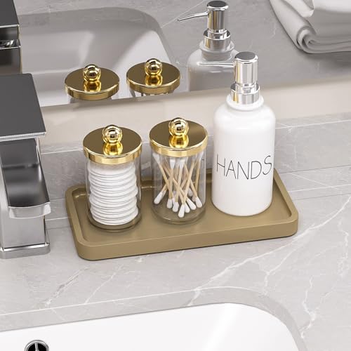 Weenson Gold Bathroom Vanity Tray for Countertop Makeup Perfume Jewelry Decor Candle Keys, Bamboo Kitchen Tray for Soap Dispenser Spice, Small Toilet Tray Nightstand 7.9" L x 4" W x 0.79" H - color: Gold, size: 7.9" x 4" x 0.8"