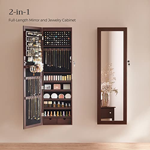 SONGMICS 6 LEDs Mirror Jewelry Cabinet, 47.2-Inch Tall Lockable Wall or Door Mounted Jewelry Armoire Organizer with Mirror, 2 Drawers, 3.9 x 14.6 x 47.2 Inches, Brown UJJC93K - color: Brown