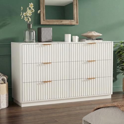 VOWNER Fluted 6 Drawers Dresser for Bedroom, 54" Wide Modern Chest of Drawers with Metal Handle, Closet Clothes Storage Organizer, Wood Dresser TV Stand for Living Room, Closet, Hallway, Entryway - color: White & Marble