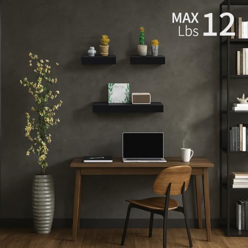 Floating Wall Shelves Set of 3 – MDF Wood Wall Mounted Shelf for Living Room, Bedroom, Bathroom, Office – Decorative Storage Racks for Plants, Photos, Books (Black, Large Set) - color: Black, size: Large Set