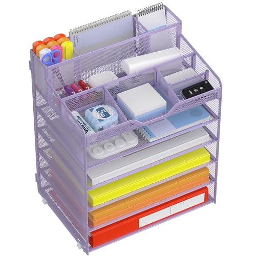 Docnest 6 Tier Mesh Desk Organizer for Paper Office Supplies – Multi-Functional Letter Tray with 5 Adjustable Compartments, 5 Pen Holders, Desktop Storage for Files, Mail, Stationery – Purple - color: Purple, size: 12.7" x 9.1" x 15.5"