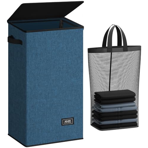 SOLEDI Laundry Hamper with Lid 100L Large & Tall Collapsible Laundry Baskets, Clothes Hamper with Bag Removable Easy to Carry, Dirty Hampers for Bedroom, Bathroom, Dorm, College, Blue - color: Blue, size: 100L