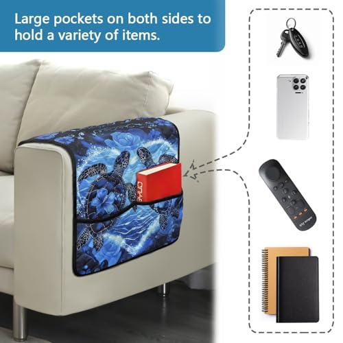 Blue Turtle Hibiscus Heart Print Couch Arm Covers Polyester Sofa Arm Covers with 2 Pocket Storage Anti-Slip Recliner Arm Protector Washable Sofa Armrest Organizer for Dogs Cats Pet - color: Blue Turtle Hibiscus Heart