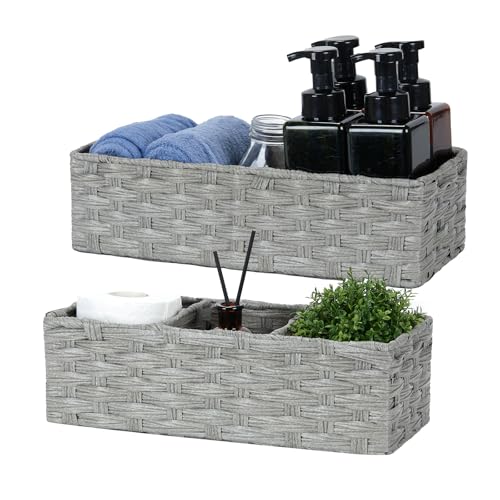 Bidtakay Narrow Wicker Bins for Organizing 2-Pack Decorative Baskets for Washroom Waterproof Imitation Small Wicker Storage Baskets for Shlef Closet Bedroom Entryway Office Desk Light Grey - color: Light Grey