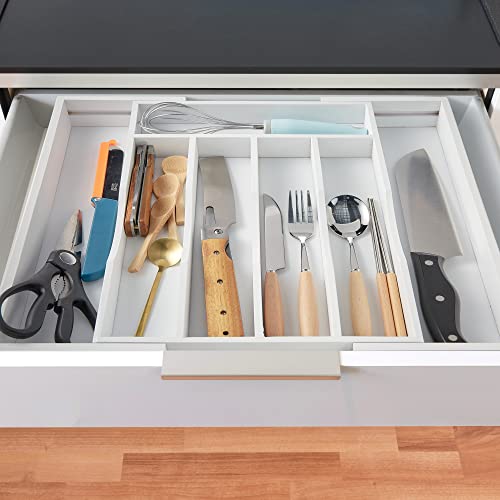 2-Piece Expandable Bamboo Kitchen Drawer Organizer for Cutlery and Utensils, Adjustable Bamboo Wood Cutlery Tray in Drawer for Flatware and Silverware in Kitchen, (White) - color: White, size: 7 Slots Expandable-2Pack