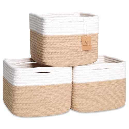 NaturalCozy Storage Cubes 9”x9”x7”Cotton Rope Woven Baskets for Organizing 3-Pack | 9 Inch Cube Storage Bin | Small Basket for Shelf Nursery, Pantry, Decorative Plant, Bathroom Closet, Toy Gift - color: Off White & Tan Brown