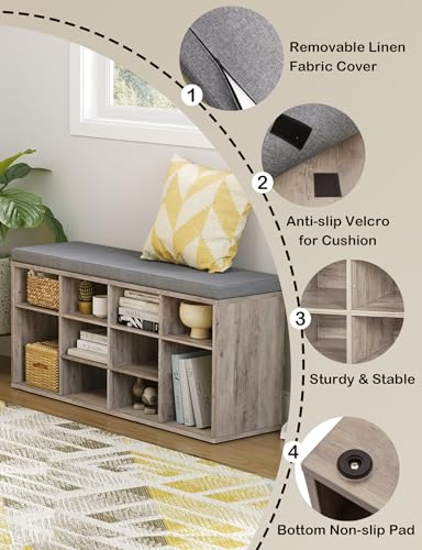 DINZI LVJ Shoe Storage Bench with Cushion, Cubby Rack with 12 Cubbies, Adjustable Shelves, Multifunctional Organizer Bench for Entryway, Mudroom, Hallway, Closet and Garage, Greige - color: Greige, size: 12 Cubby