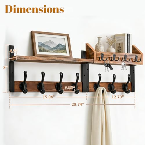 Coat Rack Wall Mount with Shelf, 29 inch Entryway Wall Shelf with 11 Metal Hooks, 4 in 1 Coat Hanger and Key Holder Wall Mount with Mail Organizer for Living Room, Bedroom