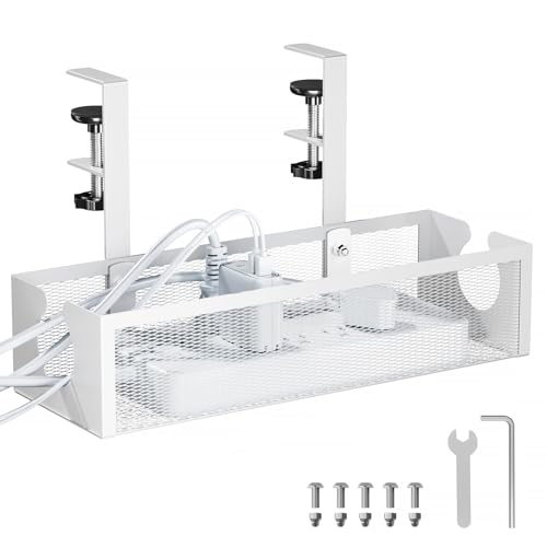 YECAYE No-Drill Metal Under Desk Cable Management Tray, Power Strip & Cable Organizer for Home Office,Under Desk Storage,Organizer Tray,White - color: White