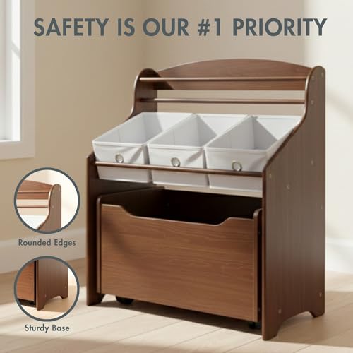 Humble Crew 3-in-1 Kids Bookshelf and Toy Storage Organizer, Espresso/White - Toddler Organizers with Rolling Toy Box and 3 Fabric Bins – Sturdy Baby Book Shelf, Perfect for Nursery and Playroom - color: Espresso/White