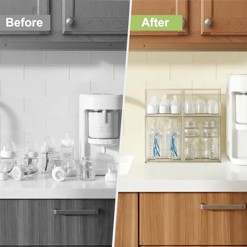 Baby Bottle Storage Organizer: Clear Stackable Storage Drawers, Acrylic Bottles Station Organizer Container for Countertop, Vanity, Bathroom, Cabinet Organization - 4 Pack - size: 2 Small+2 High