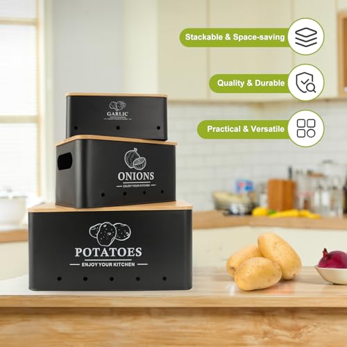 Kitchen Vegetable Storage Set of 3, Metal Onion Garlic Potato Storage Set, Kitchen Canisters Vegetable Keeper Containers with Aerating Holes and Wooden Lid (Black) - color: Black