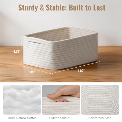5 Pack White Small Woven Storage Baskets for Shelves, Cotton Rope Baskets Organizer for Bathroom, Closet & Nursery, Decorative Storage Bins for Organizing Socks, Toys, 11.8"x7.9"x4.7" - color: White