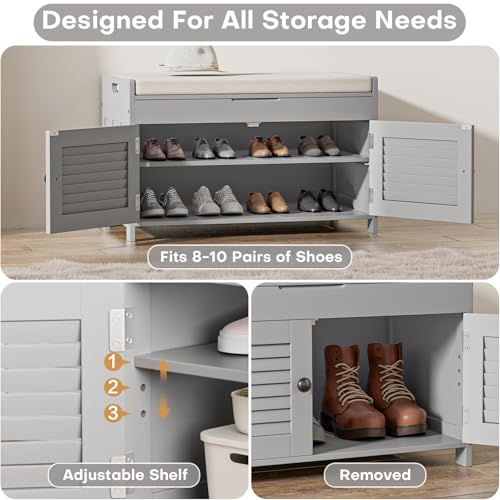 WARMHONIU Shoe Storage Bench with Lift Top Storage, Entryway Bench with Cushioned Seat, Adjustable Shelf, 2 Tier Shoe Rack with Doors for Entryway, Bedroom, Hallway, Mudroom, Grey - color: Grey, style: Lift Top Storage
