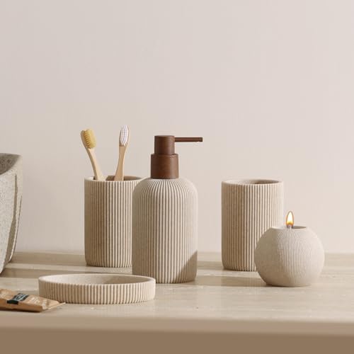 Bathroom Accessories Set, 5 PCS Sandstone Look Stripe Modern Bath Organizer with Soap Dispenser, Toothbrush Holder, Tumbler, Soap Dish, Candle Holder for Countertop Kitchen Sink (Beige) - color: Beige