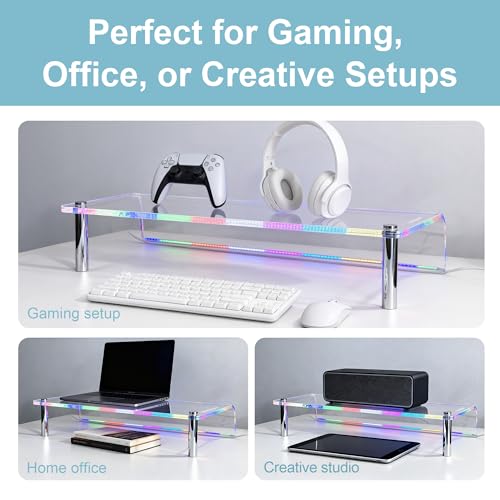 Acrylic Monitor Stand with WRGB Lights, Music Sync Clear Desk Riser with App & Button Control, Off Desktop Shelf for Gaming Setup and Home Office, Computer, Laptop, Printer, 23.6 Inch