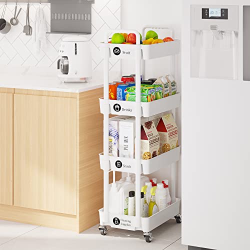 Laiensia 4-Tier Storage Carts,Multifunction Utility Rolling Cart Kitchen Storage Organizer,Mobile Shelving Unit Cart with Lockable Wheels for Bathroom,Laundry,Living Room,With Classified Sticker,White - color: White, size: 4-Tier