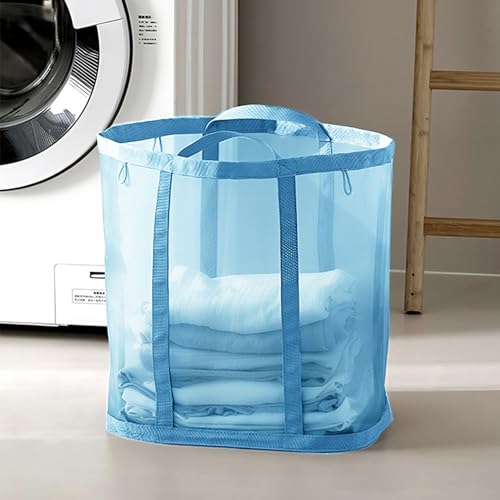Mesh Bag with Handles, Collapsible Laundry Basket, Foldable Laundry Bag, Breathable Folding Beach Bag,Space-saving Travel Tote Bags (1, Blue) - color: Blue