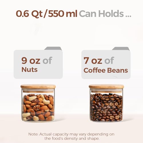ComSaf 0.6 Qt Glass Food Storage Jars Set of 6, Clear Storage Containers with Airtight Lids, Pantry Organization Jar, Spice Jar, Blooming Tea, Coffee and Sugar Container, Canister Set for Kitchen - size: 0.6Qt*6