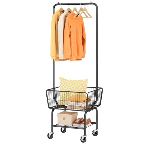 Tajsoon Laundry Cart with Hanging Rack, Metal Laundry Basket with Wheels, Laundry Hamper with Storage Basket and Shelf, Rolling Laundry Cart with Wheels, Black - color: Black